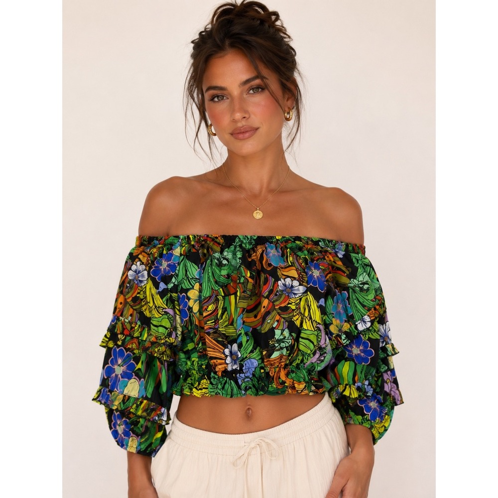 Rachel Zoe Floral Crop Top Women Large Multi Color Excellent Off Shoulder Boho
